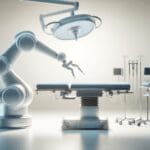 Brazo robótico quirúrgico operando en un quirófano moderno y minimalista.