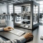 Manos de ingeniero operando una impresora 3D industrial en un ambiente de oficina moderna.