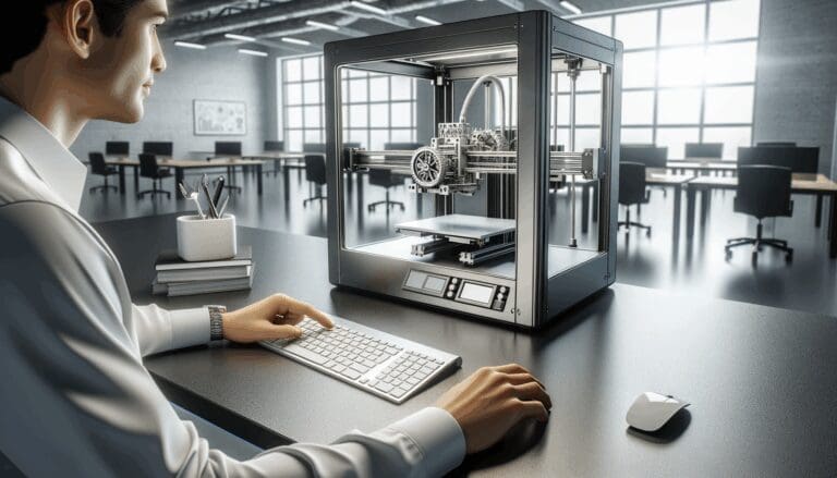 Manos de ingeniero operando una impresora 3D industrial en un ambiente de oficina moderna.