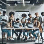 Equipo multicultural de jóvenes emprendedores reunidos en un espacio de coworking moderno, revisando ideas con laptops y pizarras digitales.