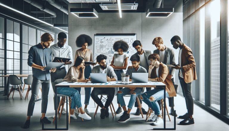 Equipo multicultural de jóvenes emprendedores reunidos en un espacio de coworking moderno, revisando ideas con laptops y pizarras digitales.