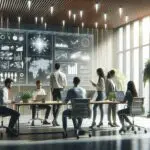 Equipo startup colaborando en un espacio moderno rodeado de naturaleza y pantallas digitales.