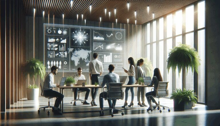 Equipo startup colaborando en un espacio moderno rodeado de naturaleza y pantallas digitales.