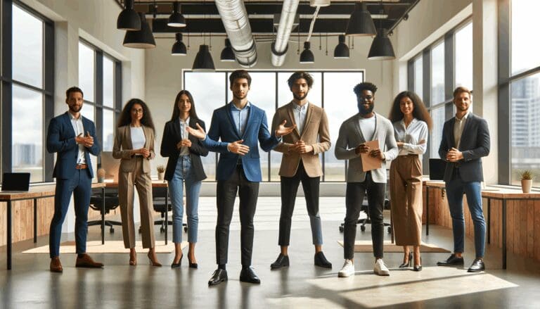 Grupo de emprendedores presentando sus ideas en un espacio de coworking moderno y bien iluminado.