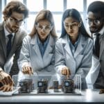 Equipo de ingenieros revisando prototipos tecnológicos en un entorno de laboratorio moderno y seguro.