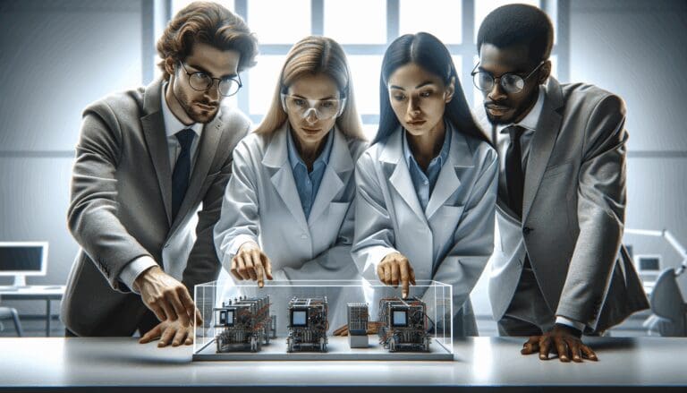 Equipo de ingenieros revisando prototipos tecnológicos en un entorno de laboratorio moderno y seguro.