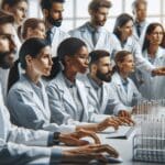 Primer plano de científicos usando computadoras y probetas en un laboratorio tecnológico moderno.