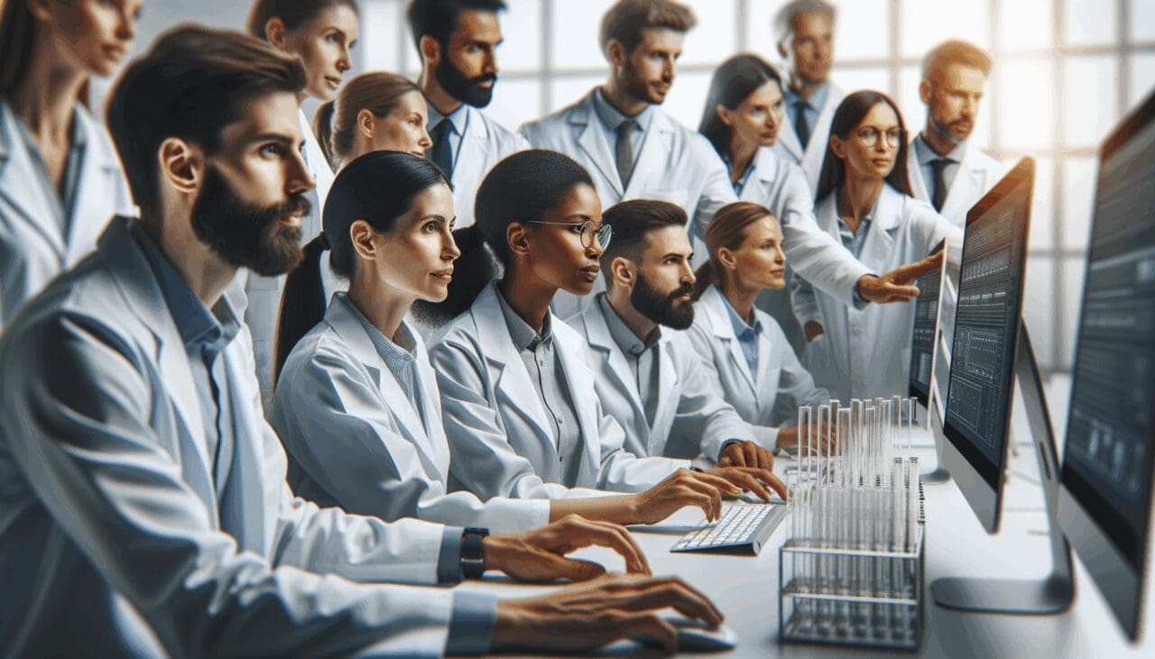 Primer plano de científicos usando computadoras y probetas en un laboratorio tecnológico moderno.