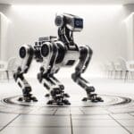 Primer plano de un robot cuadrúpedo avanzado en un entorno tecnológico minimalista.