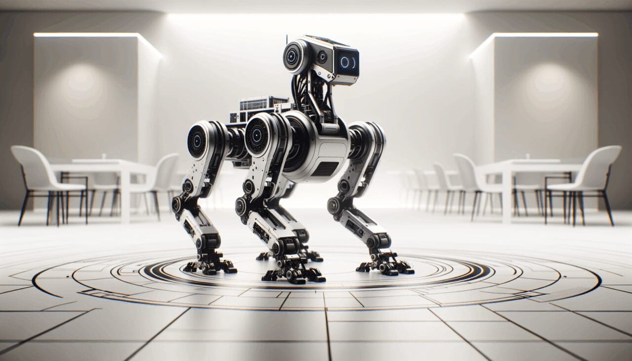 Primer plano de un robot cuadrúpedo avanzado en un entorno tecnológico minimalista.