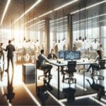 Oficinas luminosas con equipos colaborando en mesas modernas y pantallas digitales en ambiente tecnológico.