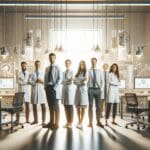 Equipo multicultural en laboratorio tecnológico con computadoras y elementos científicos, ambiente de innovación iluminado y moderno.