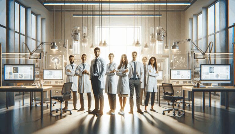 Equipo multicultural en laboratorio tecnológico con computadoras y elementos científicos, ambiente de innovación iluminado y moderno.