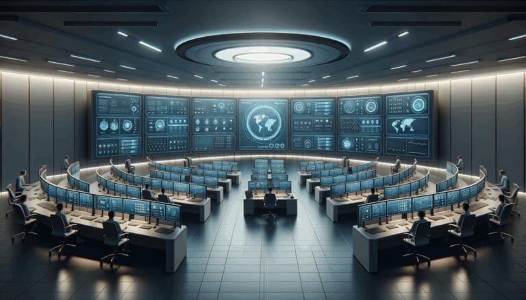 Sala de control de una startup tecnológica con pantallas mostrando datos de seguridad en tiempo real.