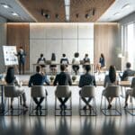 Sala de conferencias moderna con emprendedores presentando sus startups frente a un jurado