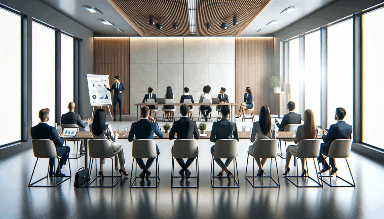 Sala de conferencias moderna con emprendedores presentando sus startups frente a un jurado