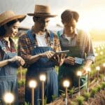 Fotografía de campo agrícola con sensores inteligentes y agricultores revisando datos en una tablet.