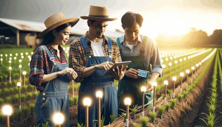 Fotografía de campo agrícola con sensores inteligentes y agricultores revisando datos en una tablet.