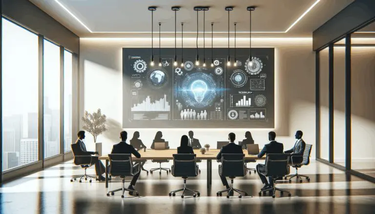 Sala de reuniones moderna con emprendedores y tecnología en pantalla