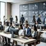 Equipo de tech trabajando en una oficina moderna con pantallas mostrando datos de propiedades