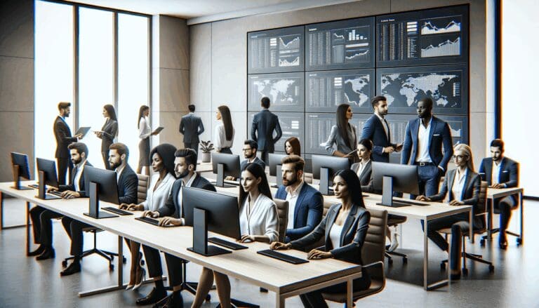 Equipo de tech trabajando en una oficina moderna con pantallas mostrando datos de propiedades