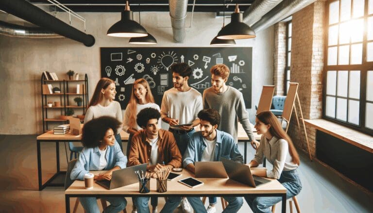 Jóvenes emprendedores colaborando en un moderno espacio de coworking, rodeados de laptops y pizarras.