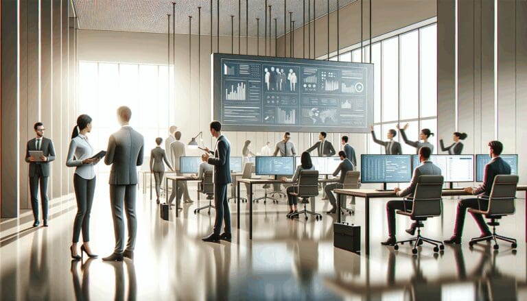 Personas colaborando en una oficina moderna con computadoras y pantallas de datos, ambiente tecnológico y profesional.