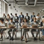 Grupo diverso de emprendedores trabajando en laptops en un espacio de coworking moderno, con ambiente colaborativo y tecnológico.