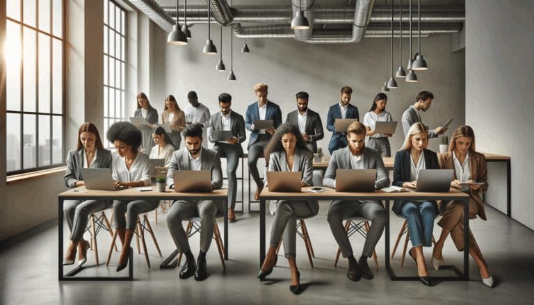 Grupo diverso de emprendedores trabajando en laptops en un espacio de coworking moderno, con ambiente colaborativo y tecnológico.