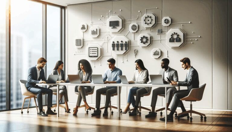 Oficina moderna con emprendedores colaborando en proyectos tecnológicos.