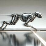 Primer plano de un robot cuadrúpedo metálico avanzando rápido sobre pista tecnológica en ambiente futurista.