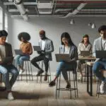 Grupo diverso de jóvenes emprendedores trabajando en laptops en un espacio de coworking moderno.