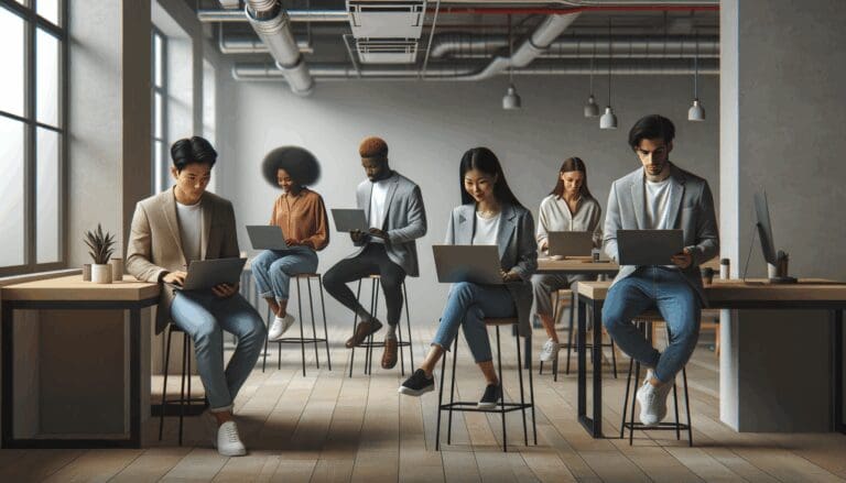 Grupo diverso de jóvenes emprendedores trabajando en laptops en un espacio de coworking moderno.