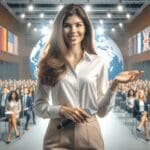 Emprendedora joven presentando frente a una audiencia en un auditorio moderno, ambiente internacional.