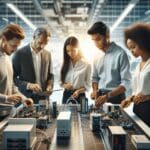 Grupo de jóvenes interactuando con kits tecnológicos en un laboratorio moderno y bien iluminado.