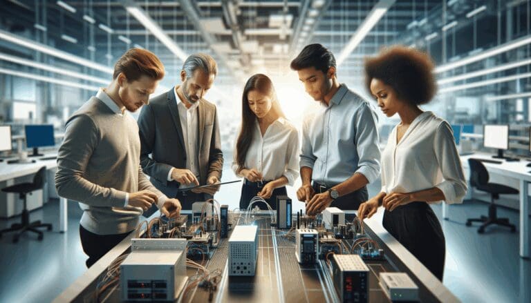 Grupo de jóvenes interactuando con kits tecnológicos en un laboratorio moderno y bien iluminado.