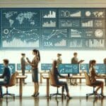 Oficina moderna con jóvenes analizando gráficos financieros y pantallas digitales.