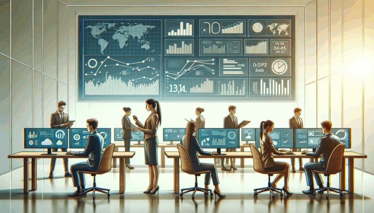 Oficina moderna con jóvenes analizando gráficos financieros y pantallas digitales.