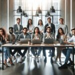 Jóvenes profesionales reunidos alrededor de una mesa con laptops, en una oficina moderna y luminosa.