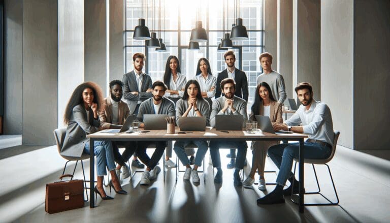 Jóvenes profesionales reunidos alrededor de una mesa con laptops, en una oficina moderna y luminosa.