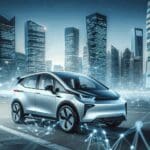Fotografía de un vehículo eléctrico moderno en un entorno urbano innovador, fondo de ciudad y ambiente tecnológico.