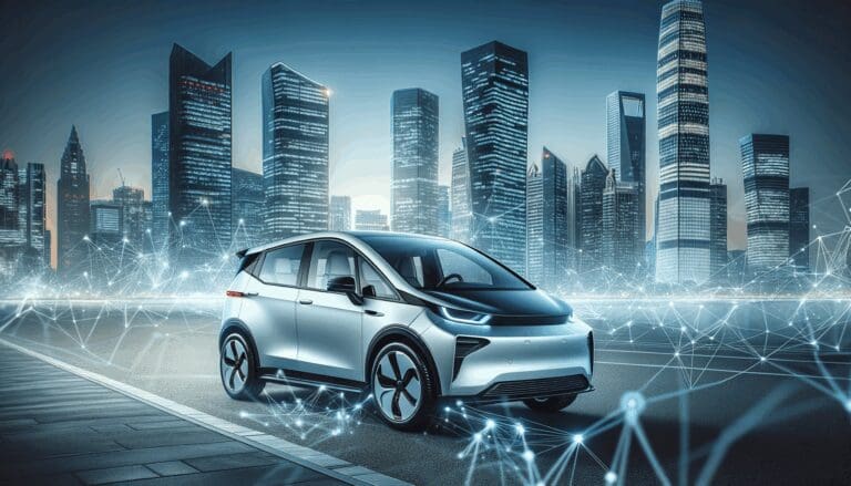 Fotografía de un vehículo eléctrico moderno en un entorno urbano innovador, fondo de ciudad y ambiente tecnológico.