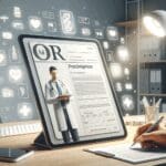 Representación gráfica de una receta médica electrónica en una pantalla digital sobre un escritorio moderno.