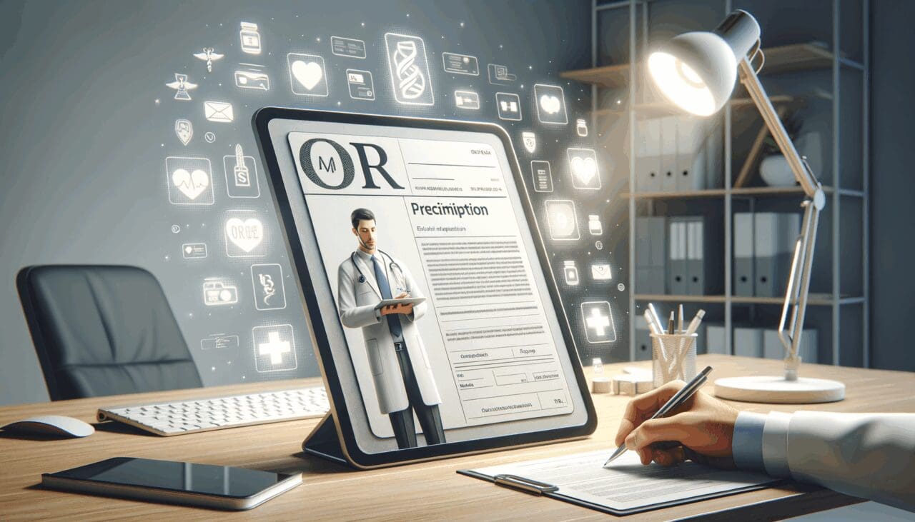 Representación gráfica de una receta médica electrónica en una pantalla digital sobre un escritorio moderno.