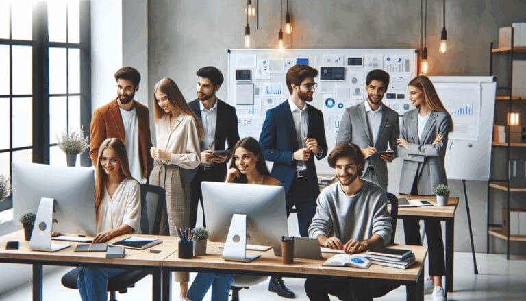Emprendedores jóvenes colaborando en un espacio de coworking moderno, rodeados de computadoras y pizarras tecnológicas.