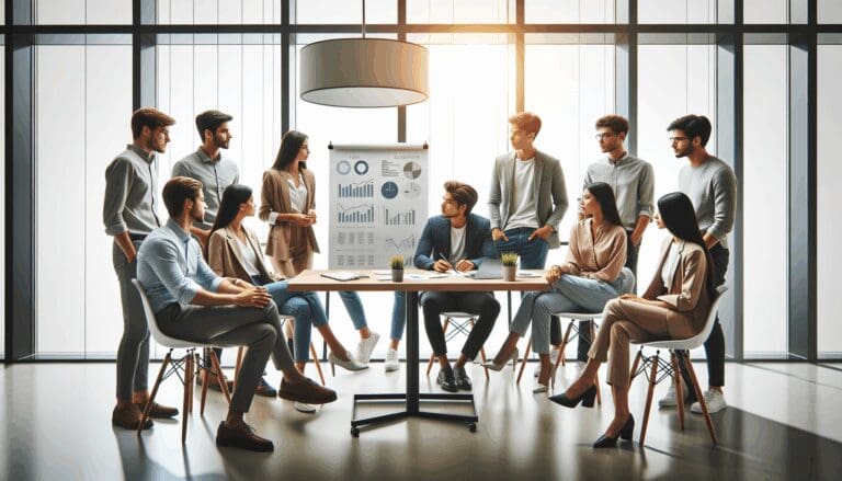 Grupo de jóvenes emprendedores discutiendo estadísticas y estrategias en una oficina moderna.