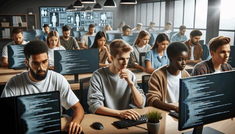 Oficina moderna con jóvenes programadores y pantallas mostrando gráficos tecnológicos.