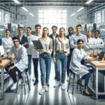 Grupo de jóvenes emprendedores trabajando en laboratorio moderno de tecnología alimentaria.