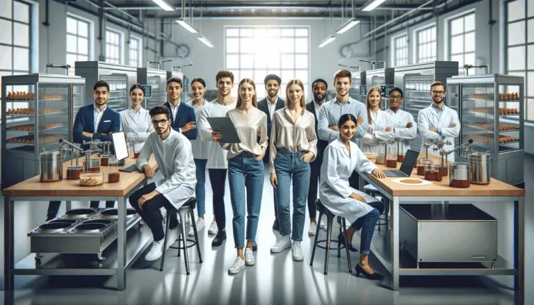 Grupo de jóvenes emprendedores trabajando en laboratorio moderno de tecnología alimentaria.