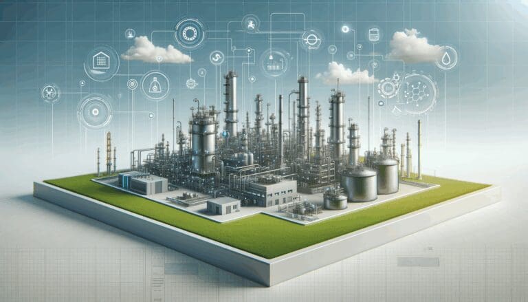 Imagen conceptual de una planta industrial con infraestructura moderna y detalles tecnológicos en un entorno limpio y verde.
